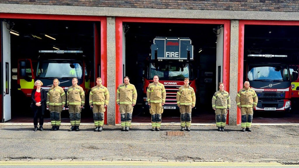 Emma Reynolds at with fire-fighters at Wycombe Fire Station