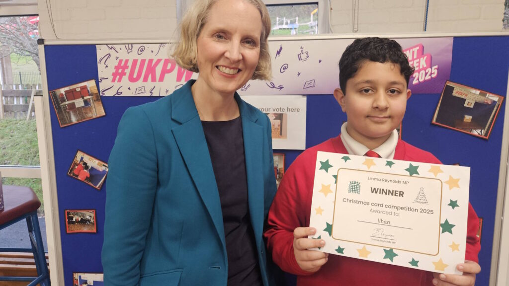 Emma Reynolds MP with 2025 winner of her Christmas Card competition