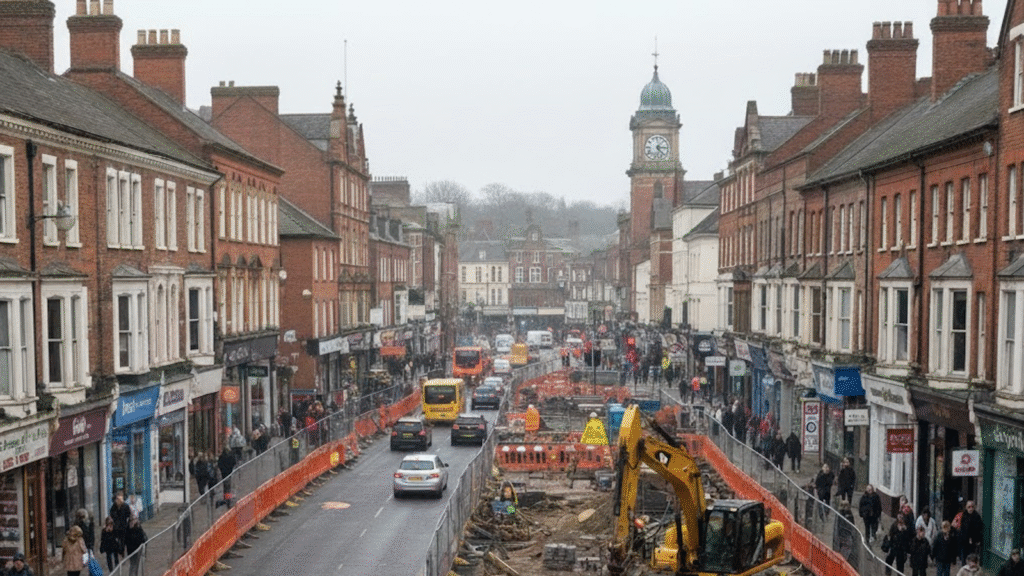 Road works in a town centre